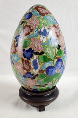 Vintage Large Floral Cloisonne Brass Enamel Egg w/ Wooden Stand 8.5″