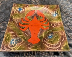 Mid-Century Modern Enamel on Copper Square Plate Trinket Dish Lobster Crawfish