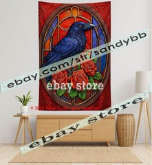 Raven Window Tapestry Gothic Bird Fantasy Wall Hanging dark art 39X59 in