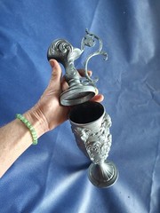 Large Victorian Italian PELTRATO 90% Pewter Art Nouveau Cherub Goat Ewer 15″