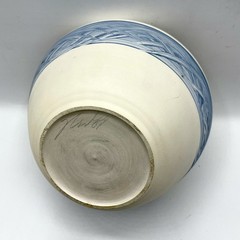 Signed Pottery Bowl Cream Stoneware w/ Blue Slip Woven Band In Coastal Style