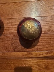 (2) Vintage Decorative Balls Brown Wood Sphere Embossing Brass Metal Inlay
