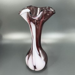 1980s Art Glass Vase Purple With White Spots Wavy Ruffled Top Edges Glass Vase