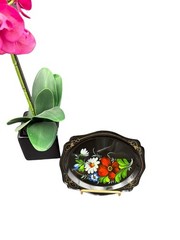 Vintage Hand Painted Floral Oval Trinket Dish Black Gold Folk Art Decor