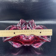 Hand Blown Bohemian Cranberry Art Glass Dish Bowl Folded Edges Original Sticker