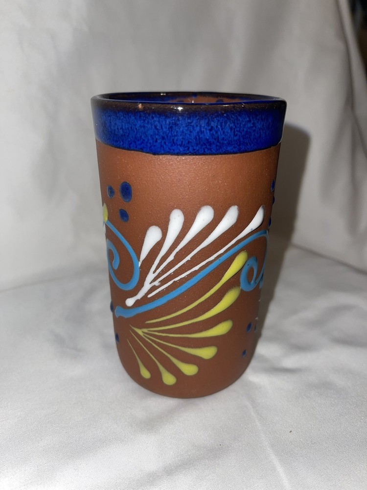 Mexican Folk Art Terra Cotta Pottery Tumbler Cup Vase Raised Design Hand Painted