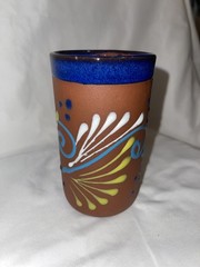 Mexican Folk Art Terra Cotta Pottery Tumbler Cup Vase Raised Design Hand Painted