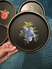 Vintage Hand painted Toleware On Metal -4 Pieces W Gorgeous Fruit & A Pink Rose