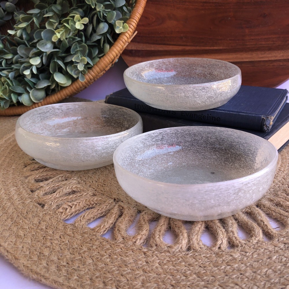 Vintage Hand Blown Clear Art Seed Bubble Glass Sauce Bowls Set Of 3