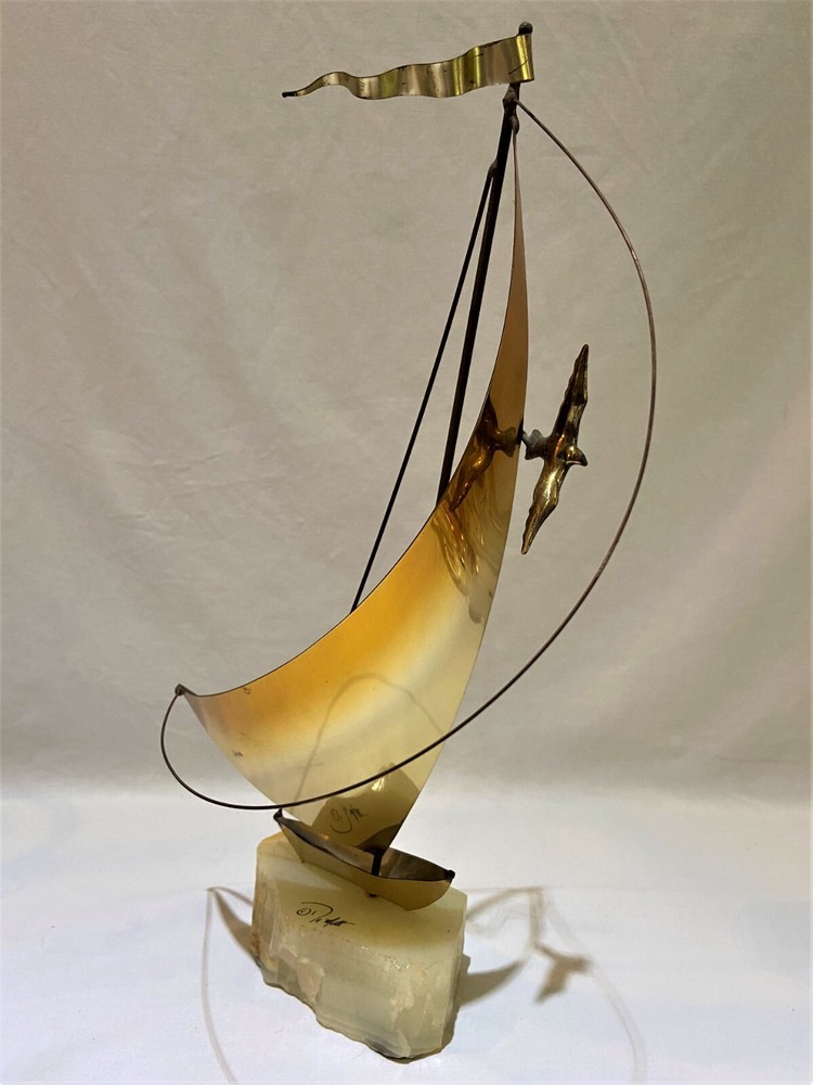VTG Brass Sailboat Seagull Sculpture DeMott Signed Marble Quartz Base 13″