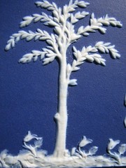 WEDGWOOD LIKE RARE DARK BLUE DIP PLAQUE OF CUPIDS & BOY TAMBORINE, GIRL TRIANGLE