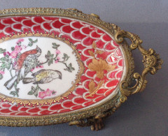 VTG Wong Lee 1980s Bronze & Porcelain Claw Foot Dish Hand Painted Bird Pair Red