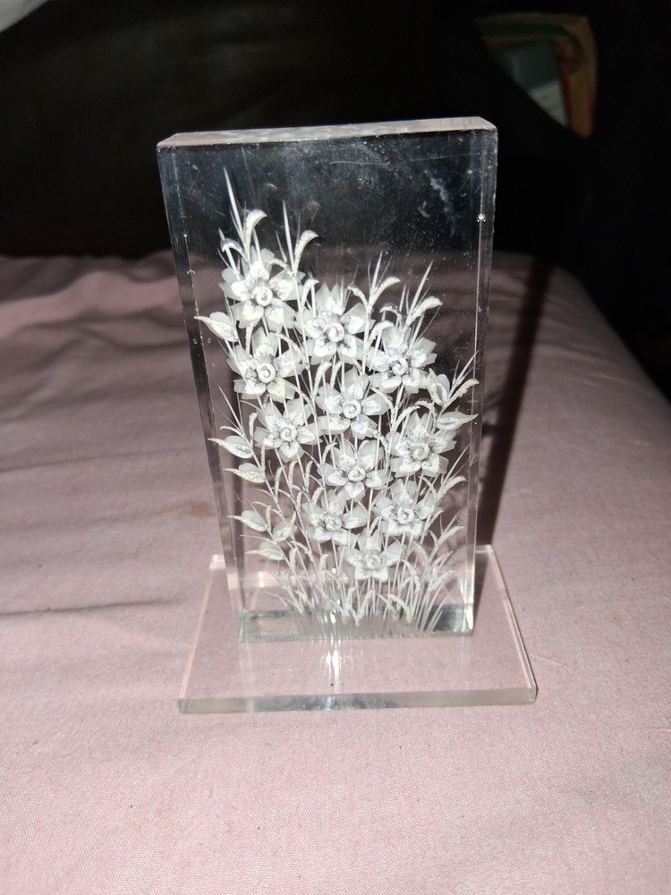 Purk Signed Vintage Hand Etched Lucite or Acrylic sunflowers..