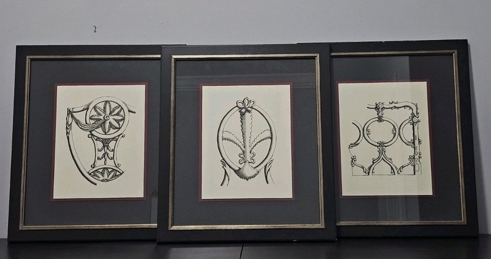 Set of 3 Kinder Harris “Ornate Chair Backs” Framed Art Prints — Vintage