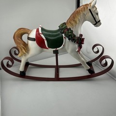 Rare Vintage Christmas Rocking horse Ceramic W/Metal. Ledge/shelf Decor 15 X 10