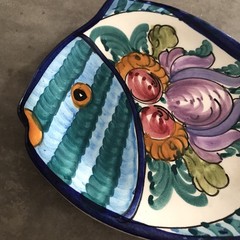 Hand Painted Pottery Fish Greece Blue Artsy Decor Nautical Coastal Trinket Dish