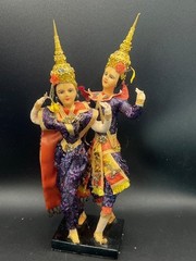 Thailand Traditional Colorful Dancing Dolls Pair Handmade Purple Wood Base 11″