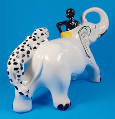 Man Riding Elephant As Jaguar Attacts Ceramic Figure. Made in Brazil. 12″x8″x5″