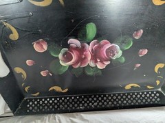 Old Vintage Hand Painted Tole Tray Floral Tin Roses Metal Shabby Farmhouse Black