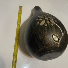 Distressed Black Carved Wood Vase with Silver Metal Floral Inlay Artisan Decor
