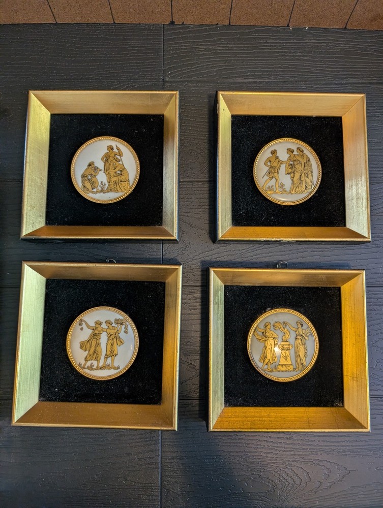 4 Pc Gold And Black Neoclassical Porcelain Wall Plaques Set Square Frame