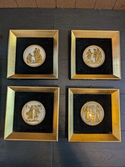 4 Pc Gold And Black Neoclassical Porcelain Wall Plaques Set Square Frame