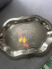 Vintage Metal Fruit Toleware Hand Painted Tray 13” x 18” Signed
