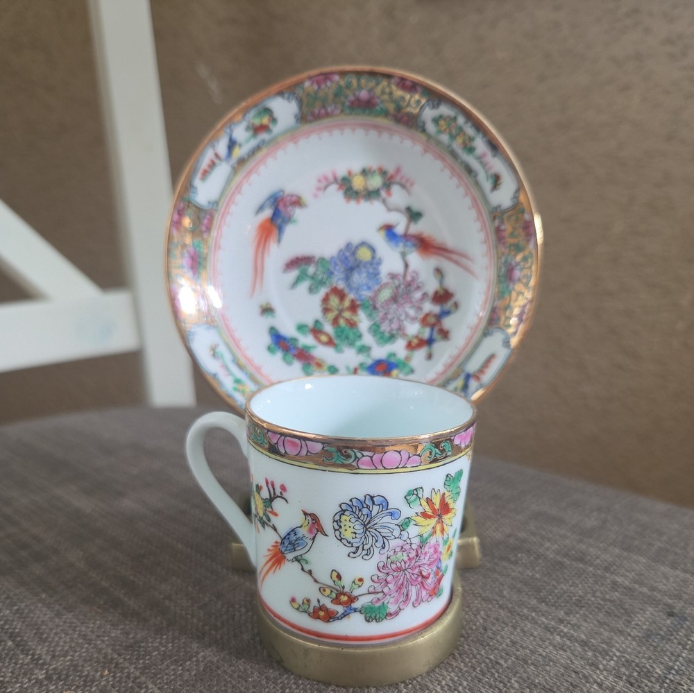 VTG Chinese 4.5” Porcelain Gilted Floral & Birds Demitasse Cup & Saucer w stand