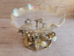 Flamingo Crystal Pedestal Bowl Dish 24KT Gold Gilt Holland Vintage Tole Roses