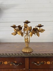 LARGE MID-CENTURY ITALIAN FLORENTINE TOLE GILT ROSES CANDELABRA 12”