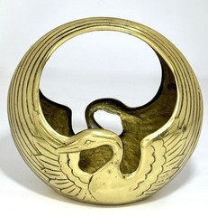 Vintage MCM Solid Brass Swan Planter Bowl Catchall with Handle ~Korea