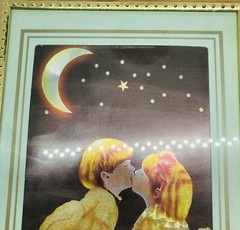 Vintage 1990s Boy Kissing Girl Under Moon & Stars Iridescent Shiny Wall Art B2