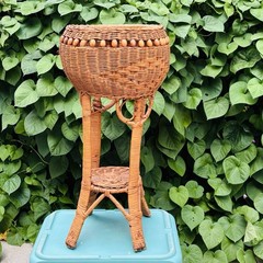 Vintage Wicker Plant Stand With Basket Top Lower Shelf Bead Accents 27″ MCM Boho