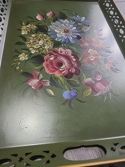 Large Vintage Hand Painted Toleware Tray Black Reticulated Floral Signed 50s 60s
