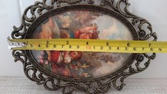 Vintage Made in Italy Kids Playing Print Oval Glass Ornate Metal Frame EUC