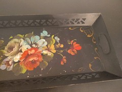 Vintage Hand Painted Floral Toleware Rectangular Metal Serving Tray