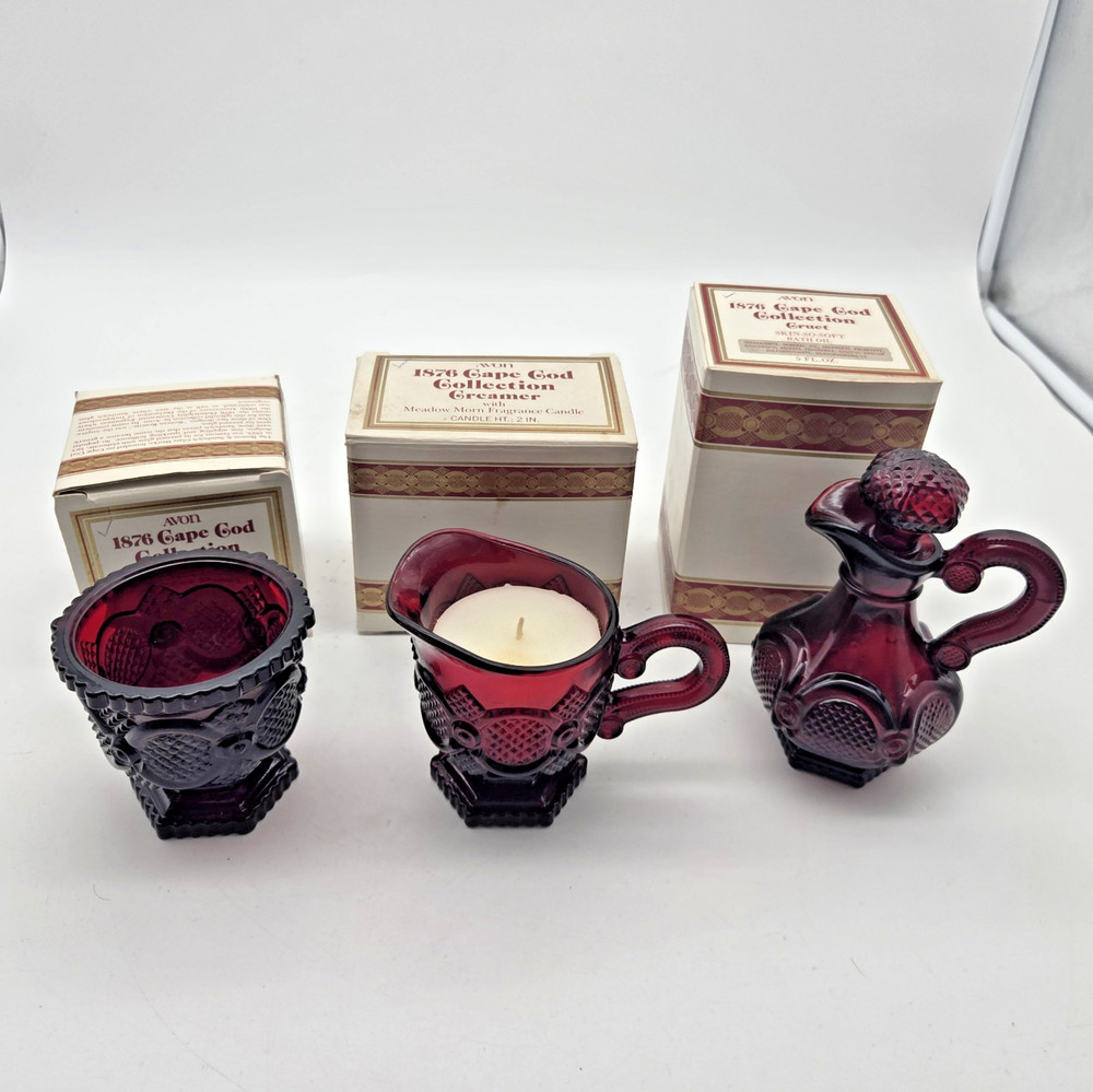 Vtg Avon Cape Cod Collection 1876 Ruby Red Glass Sugar Bowl, Creamer & Gruet Lot