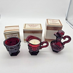 Vtg Avon Cape Cod Collection 1876 Ruby Red Glass Sugar Bowl, Creamer & Gruet Lot