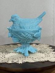 Westmoreland Robin Bird Dove on Nest Footed Bowl Dish & Lid Blue Milk Glass