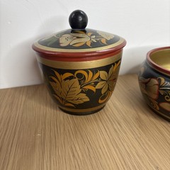 Russian Khokhloma wood Bowl Lid Pot, traditional hand-painted floral motifs Gold