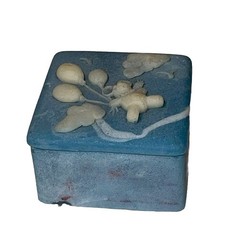 Vintage ❤️ Trinket Jewelry Box Incolay Square Teddy Bear Balloons Blue #1 Fun