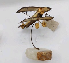 Vintage MCM Demott BiPlane Golden Metal Stone Base Art Decor Signed