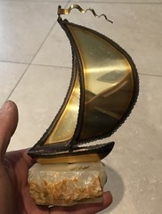 DeMott Brass Sailboat Sculpture Onyx Stone Base Signed