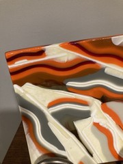 Hand Made Fused Art Glass Trinket Dish Plate Orange Gray Cream Swirl Curved