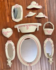 VTG Burwood Home Interiors Faux Wicker w/ Pink Bows Plastic Wall Decor~10 Pieces