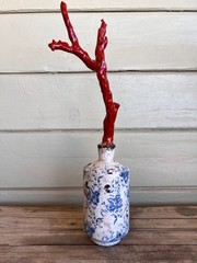 Faux Red Coral Specimen in Blue & White Floral Small Vase in Chinoiserie Chic St