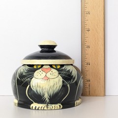 Vintage Hand Painted Wood Black Tuxedo Cat Trinket Box Dish w/Lid Folk Art Haiti