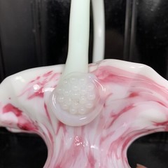 Pink Hand Blown Art Glass Basket Bowl Mid Century Pink & White Swirl 9″ Vintage