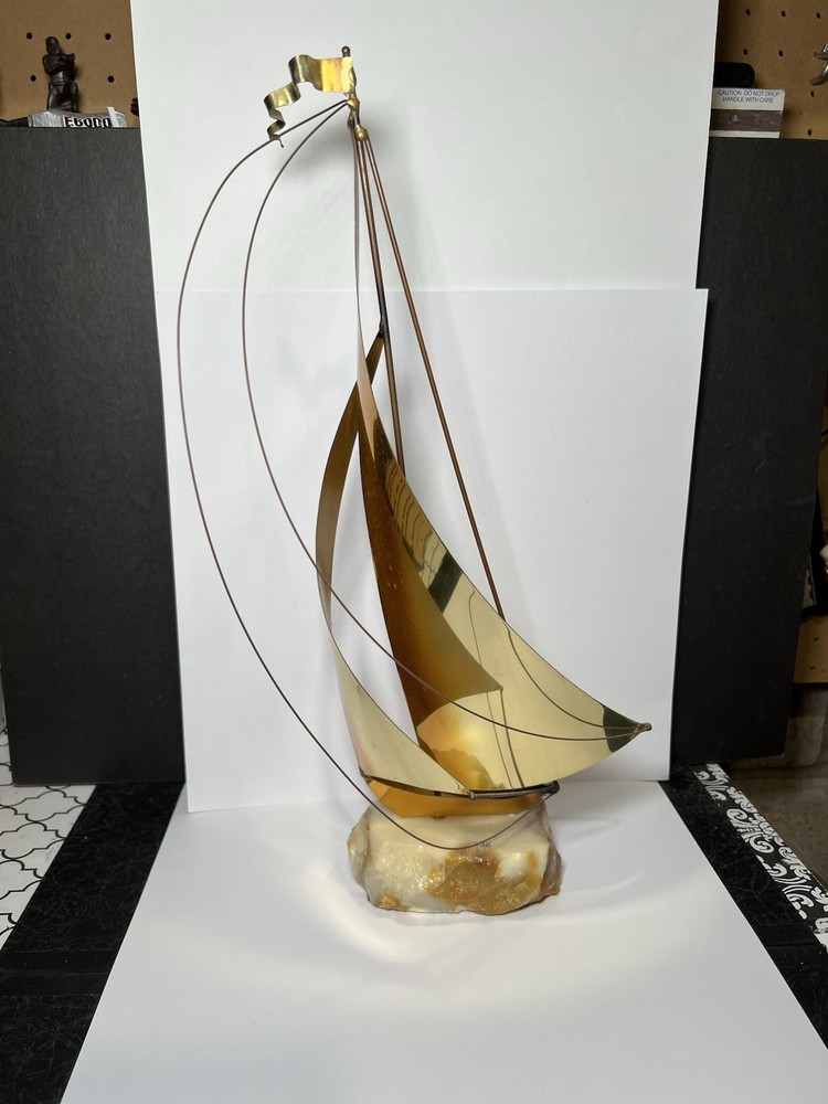 DEMOTT Signed Brass Sailboat On Onyx Base Sculpture Mid Century Modern 15” Tall