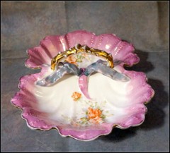 Vintage Large Edwardian Style Divided Dish with Rose Motif and Gold Accent #E213